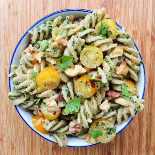 Pasta with Toasted Walnut Parsley Pesto and Tomatoes