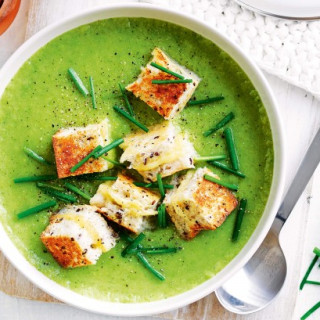 Pea and broccoli soup with grilled cheese sandwich croutons