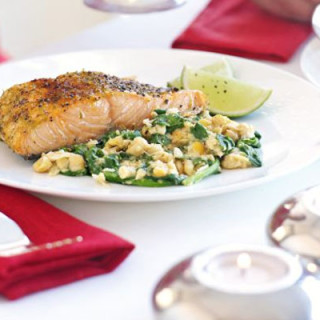 Pepper-crusted salmon with garlic chickpeas