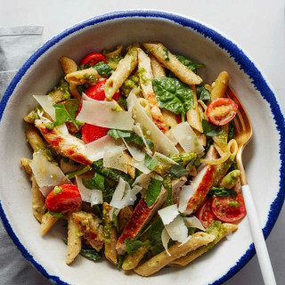 Pesto Chicken Penne with Tomatoes and Shaved Parmesan