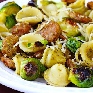 Pesto Pasta with Chicken Sausage and Roasted Brussels Sprouts