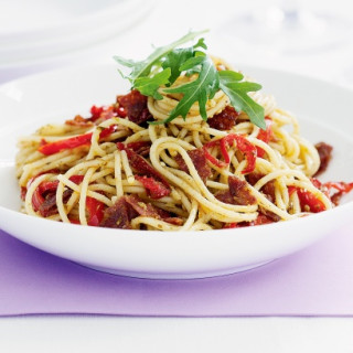 Pesto Spaghetti with Salami