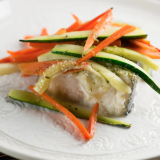 Pesto and Spring Vegetable Halibut in Parchment