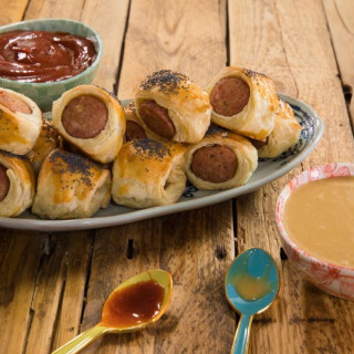 Pigs in Blankets with Harissa Ketchup and Honey Mustard