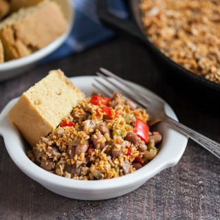 Pinto Bean Skillet Bake with Spicy Sunflower Oat Crumble Topping