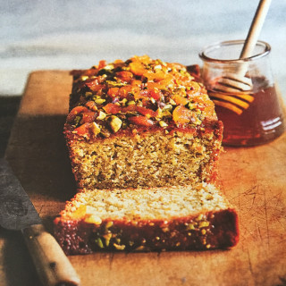 Pistachio and lime loaf with honey apricots drizzle