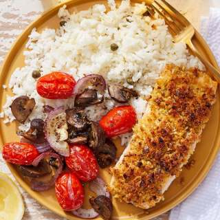 Pistachio-Crusted Salmon with Piccata-Style Rice &amp; Roasted Vegetables