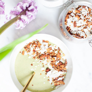 Pistachio Ice Cream Smoothie Bowl + Coconut Buckwheat Granola