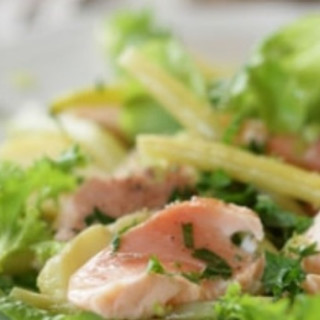 Poached salmon with salad leaves, potatoes and mayonnaise