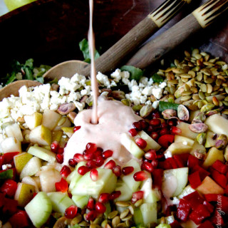 Pomegranate, Pear, Pistachio Salad with Creamy Pomegranate Dressing
