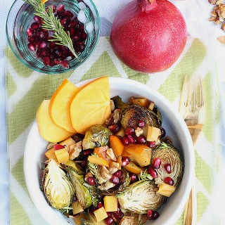Pomegranate Salad With Roasted Persimmon, Brussels Sprouts and Maple Dressi