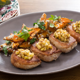Pork Chops and Apple Mostardawith Roasted Sweet Potato, Toasted Walnut and 