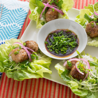 Pork Meatballs in Butter Lettuce Cupswith Soy Dipping Sauce and Sticky Rice