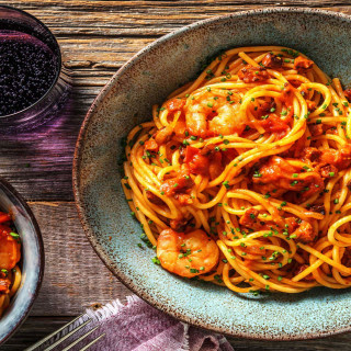 Prawn and Chorizo Spaghetti with Fresh Tomato Sauce and Chilli