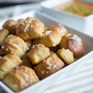 Pretzel Bites with a Warm Cheesy Dipping Sauce