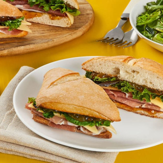 Prosciutto, Fig, and Gouda Sandwiches with Balsamic Mixed Greens (serves 2)