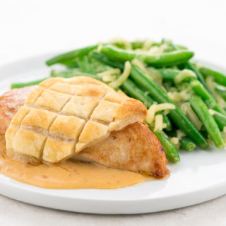 Puff Pastry Wrapped Chicken and Shallot Creamwith white cheddar green beans