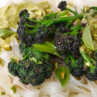 Purple-sprouting broccoli with rice noodles