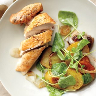 Quick Roasted Chicken with Potatoes, Onions, and Watercress