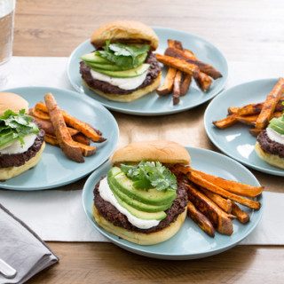 Quinoa and Black Bean Burgerswith Sweet Potato Oven Fries and Garlic-Lime S