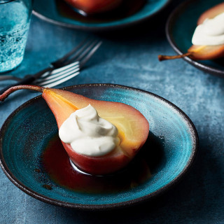 Red Wine–Poached Pears with Cardamom and Vanilla Mascarpone