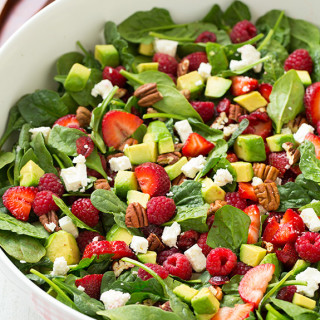 Red Berry Avocado Spinach Salad with Strawberry Poppy Seed Dressing