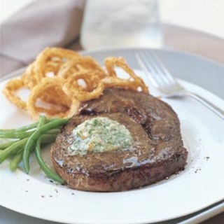 Rib-Eye Steaks with Gorgonzola Butter and Crispy Sweet Onion Rings