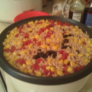 Rice Cooker Brown Rice with Black Beans, Tomatoes and Corn