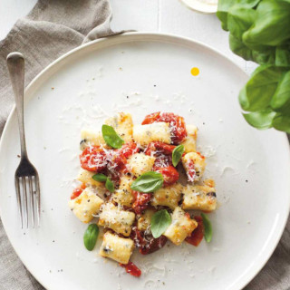 Ricotta and Black Olive Gnocchi with Blistered Cherry Tomatoes and Basil