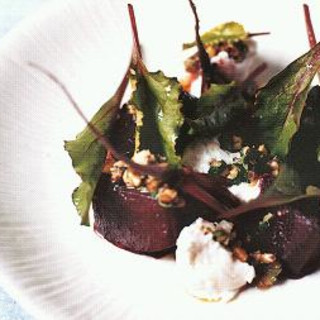 Roast beetroot with baby chard, goat's cheese and walnuts