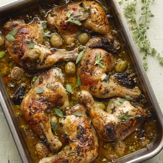 Roast chicken with dates, olives and capers