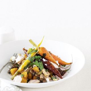 Roast pumpkin and carrot salad with caper and raisin dressing