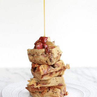 Roasted Apple Pecan and Brie Buckwheat Waffles with Bourbon Caramel Drizzle