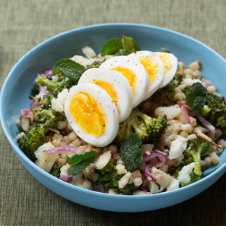 Roasted Broccoli &amp; Fregola Sarda Salad with Hard-Boiled Eggs &amp; Tahi