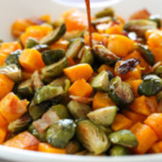 Roasted Brussels Sprouts, Butternut Squash and Bacon with Maple Soy Glaze