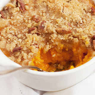 Roasted Butternut Squash Casserole with a Sweet and Crunchy Pecan Topping