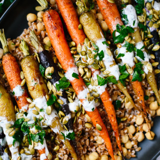Roasted Carrots with Farro, Chickpeas and Herbed Crème Fraîche