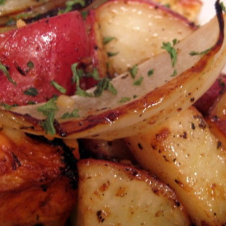Roasted Onions and Potatoes with Dressing