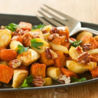 Roasted Parsnips and Sweet Potatoes with Honey-Pecan Drizzle