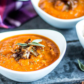 Roasted Pumpkin Soup with Red Peppers and Caramelized Onions