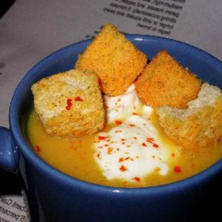 Roasted Pumpkin Soup with Roasted Garlic and Black Pepper Crouton