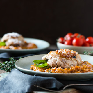 Roasted Tomato Risotto with Braised Chicken Thigh
