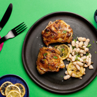 Roasted Chicken Thighs with White Beans, Lemon, and Capers