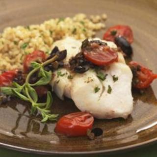 Roasted Cod with Warm Tomato-Olive-Caper Tapenade