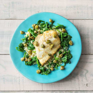Rockfish Piccata with Sautéed Spinach, Israeli Couscous, and Lemon Caper Sa