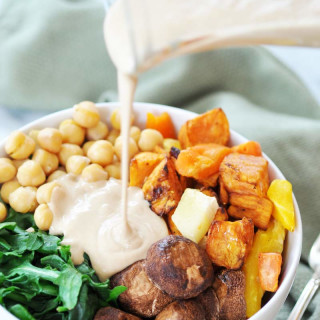 Root Vegetable Power Bowl with Roasted Garlic Tahini Dressing