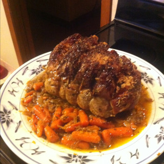 Rosemary Garlic Pork Rib Roast with Roasted Carrots and Onio