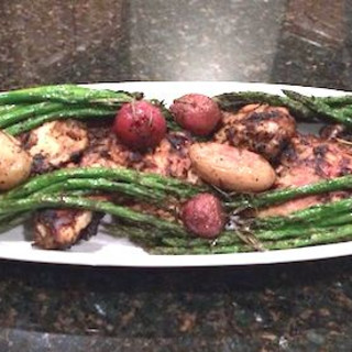 Rosemary Roasted Chicken Thighs, New Potatoes, Asparagus and Garlic