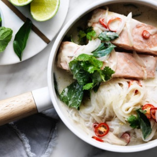 Salmon with coconut milk, glass noodles and herbs recipe