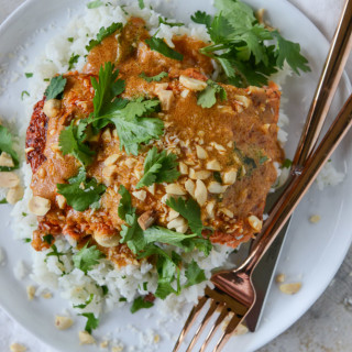 Salmon with Thai Curry Peanut Sauce and Coconut Cilantro Rice